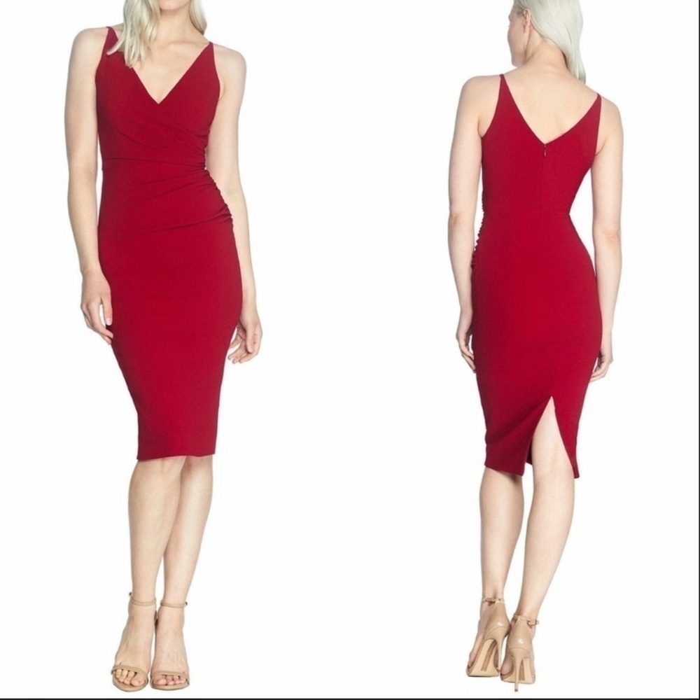 Red V-Neck Sleeveless Bodycon Dress - Picture 2 of 6